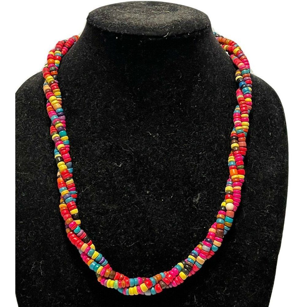 vintage 80s 22” Colorful wood bead boho Multi strand Braided necklace Barrel